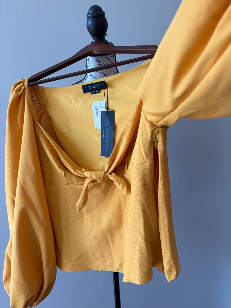 Nwt No Pise La Grama Daniela Panaro Bow Front Balloon Sleeve Blouse Mustard L — image 4 of 4